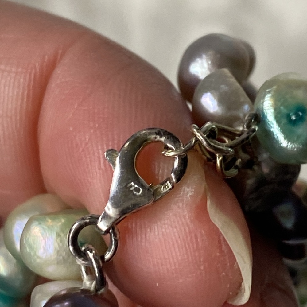 Sterling Silver Triple Strand Multi Colored Pearl Necklace - Picture 5 of 6